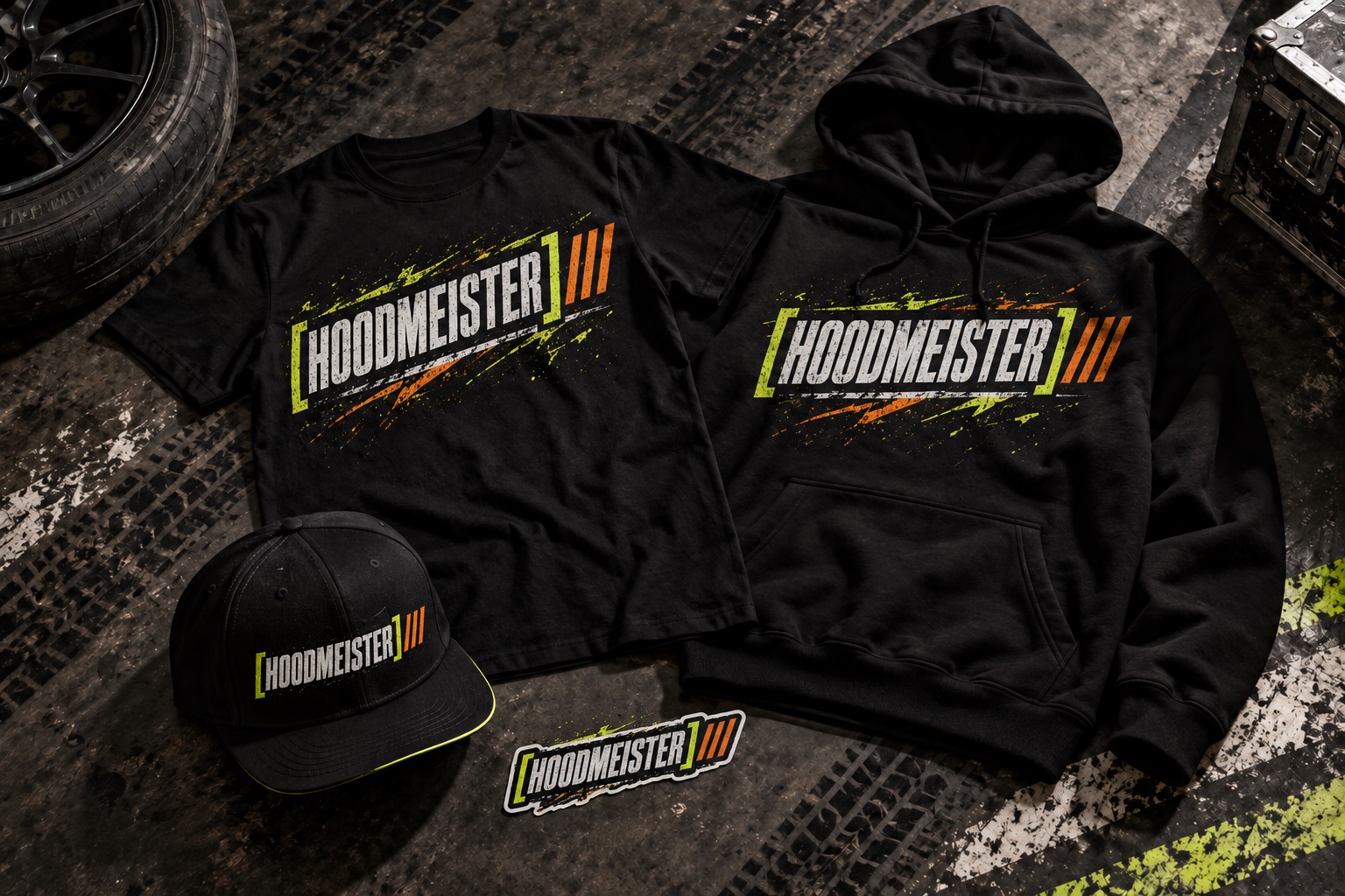 Black Hoodmeister T-shirt, hoodie, cap and sticker with the bracketed Hoodmeister motorsport logo