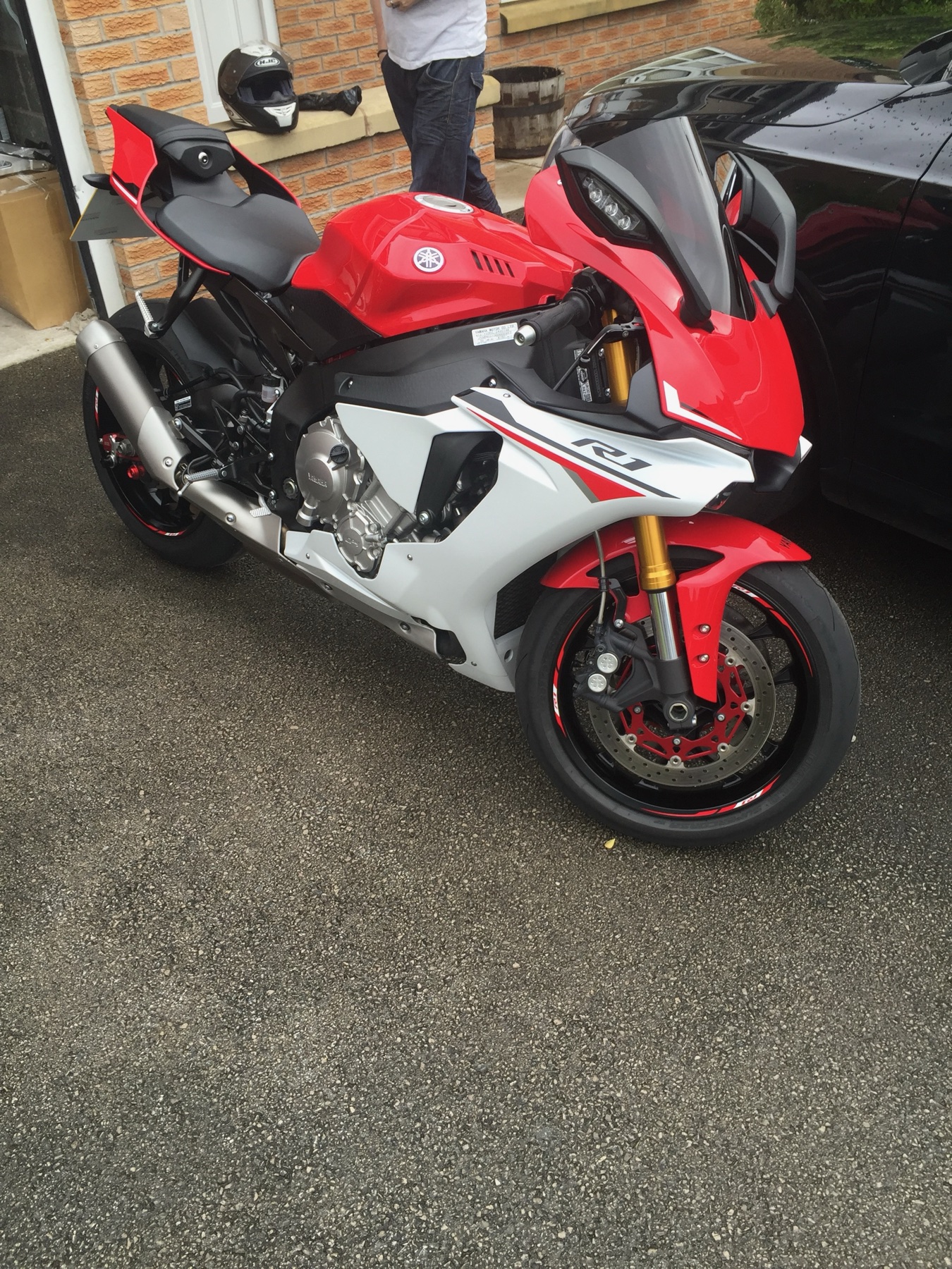 Jamie's red and silver Yamaha R1 motorbike